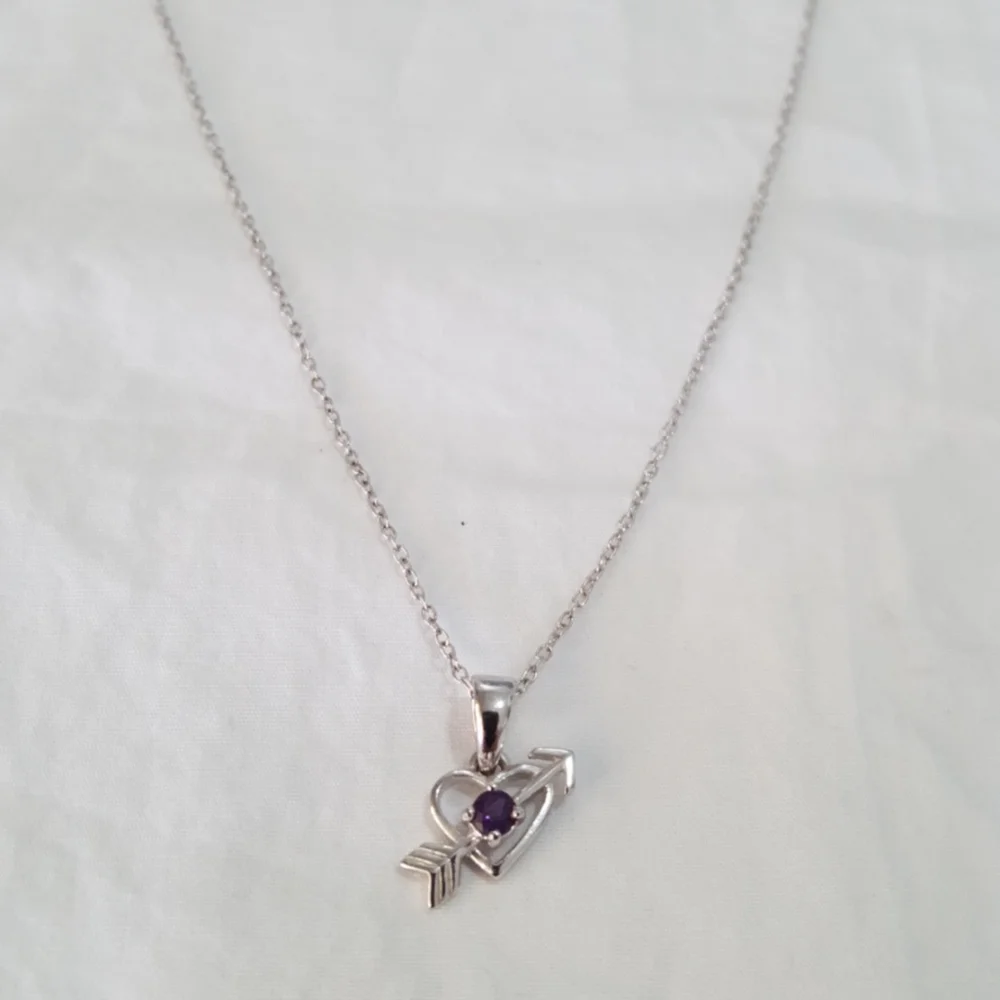 Girls Necklace small heart w arrow and purple stone
